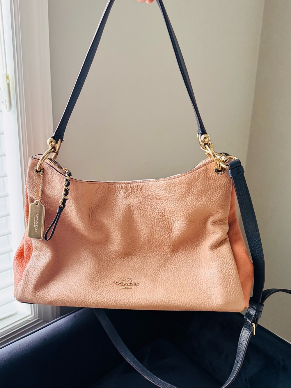 Coach Peach Leather Shoulder Bag with Black Strap